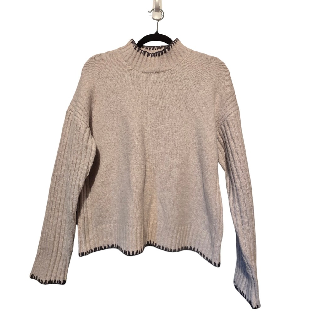 Joie Crop Sweater Womens MED Feather Stitch Edge Rib Sleeves Oatmeal Retro Y2K